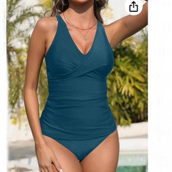 NWT Yonique Tankini Twist V Neck Top w/Tummy Control & High Cut Bottoms‎ Small - Picture 5 of 8